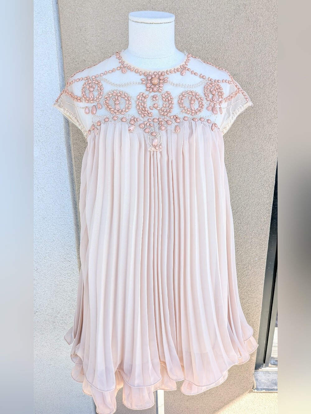 Chic Wish Beads Embellished Pleated Dolly Nude Dress Small